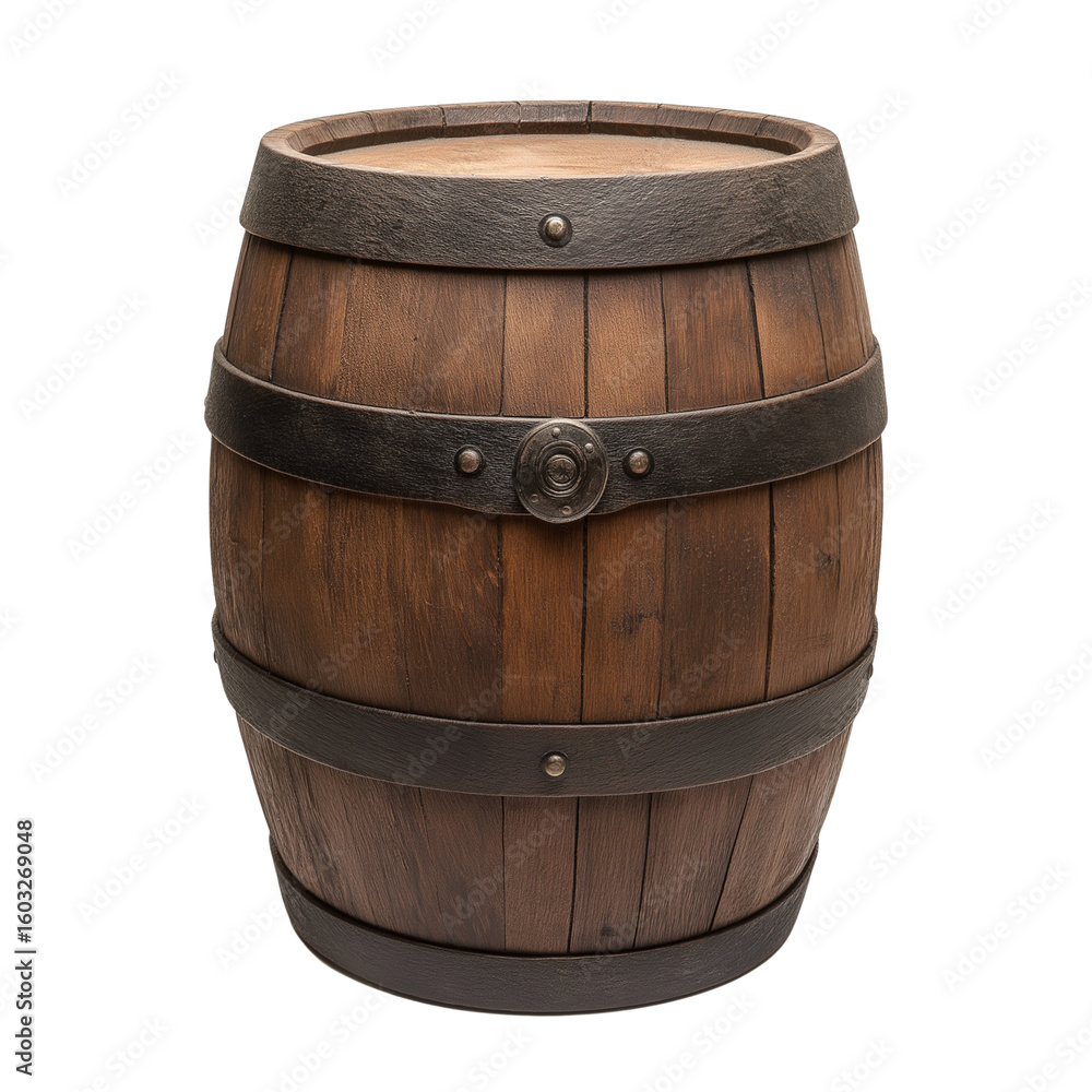 Obraz premium Rustic Wooden Drum Container on Transparent Background
