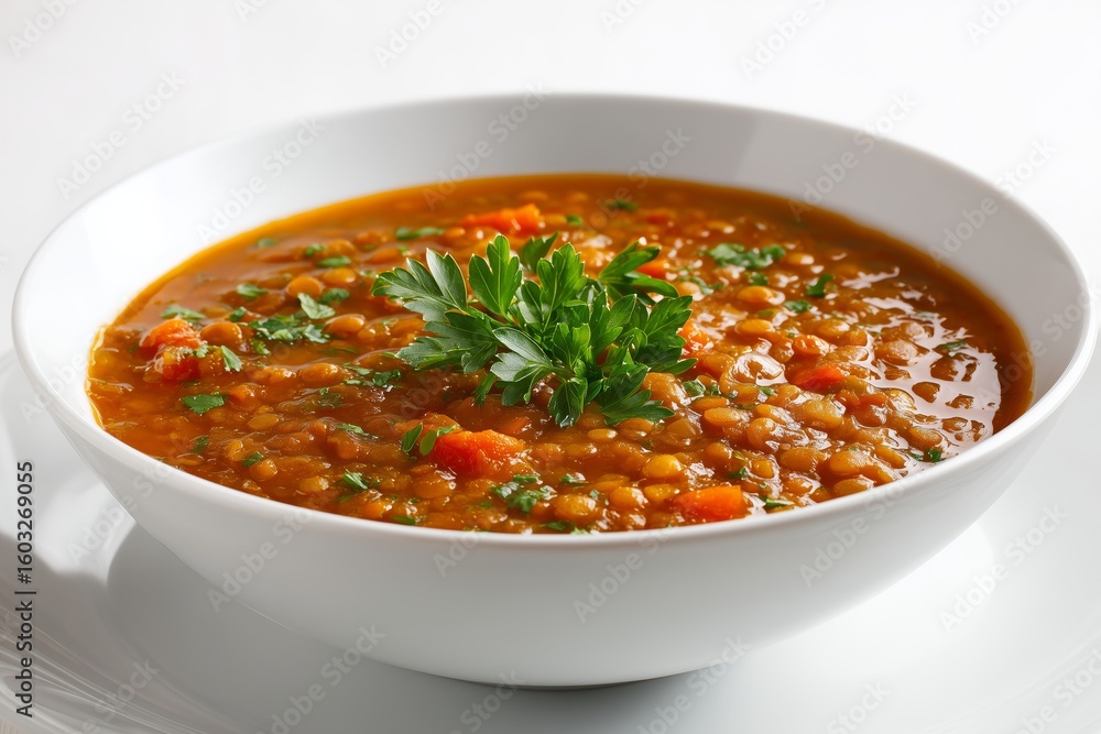 Enjoy a bowl of hearty lentil soup garnished with fresh parsley on a clean white background, perfect for any meal or cozy evening at home Enjoy a bowl of hearty lentil soup garnished with fresh parsley on a clean white background, perfect for any meal or cozy evening at home