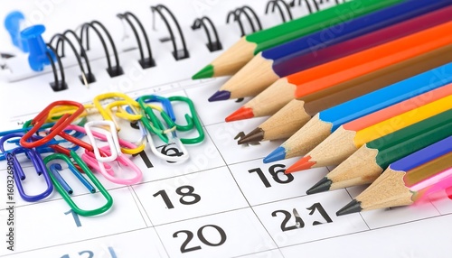 Colorful colored pencils and paperclips on a calendar