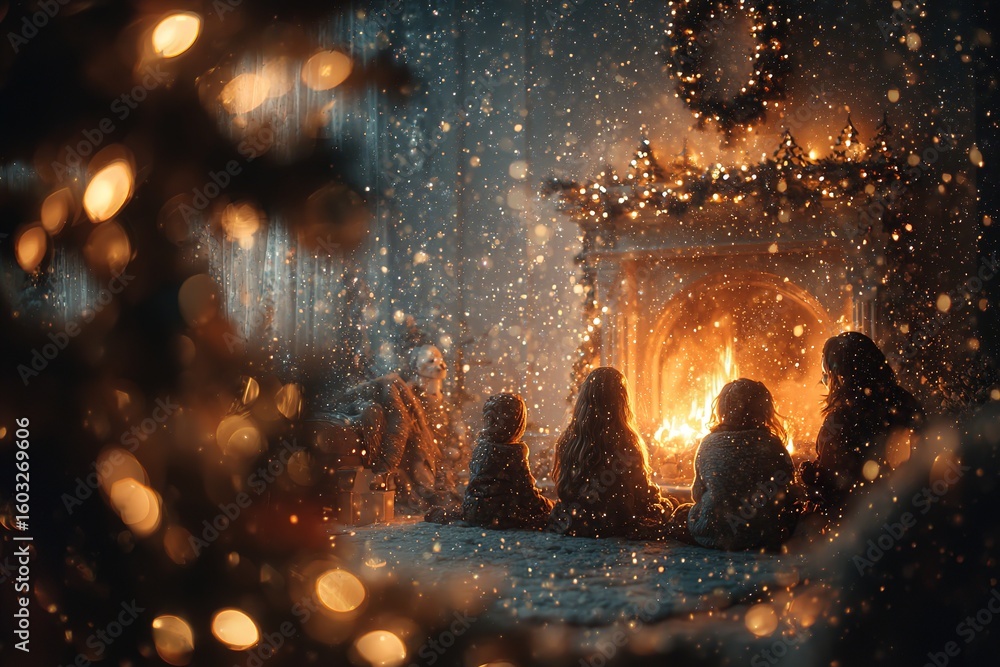 Family sitting by fireplace and Christmas tree admiring lights and falling snow creating magical festive and cozy atmosphere of winter holidays Family sitting by fireplace and Christmas tree admiring lights and falling snow creating magical festive and cozy atmosphere of winter holidays