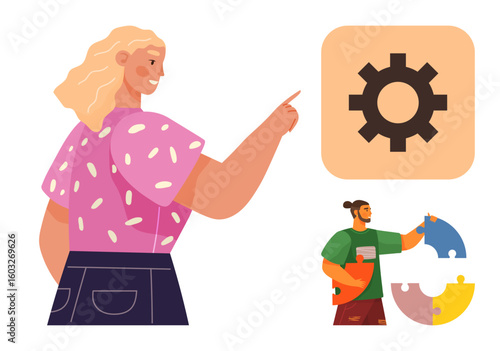 Woman gesturing toward gear icon, man assembling puzzle pieces ideal for teamwork, collaboration, problem-solving, productivity, decision-making, process management, simple flat metaphor