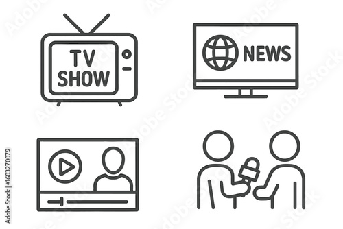 Journalism and mass media icon set. TV show, news broadcasting, vlogging, and press interview outline symbols. Television, communication, reporter, online video concepts.