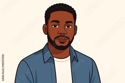 Young Black man portrait vector illustration. African American male character face for an avatar or profile picture. Modern cartoon flat design of a student or employee.