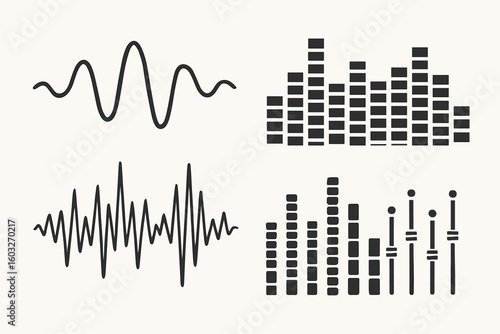 Sound wave icon set. Vector audio waveform, music pulse, and signal frequency. Graphic equaliser spectrum display and mixer level symbols for radio, podcast, and sound.