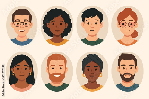 People avatar vector collection. Diverse faces of men and women in oval frames. Multicultural character portraits set for user profile pictures, social media, and team icons.