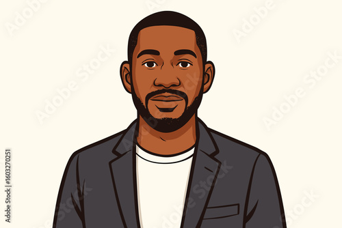 Black man portrait vector illustration. Professional African American male character avatar for business. Corporate headshot of a young man in casual clothes. User profile icon.
