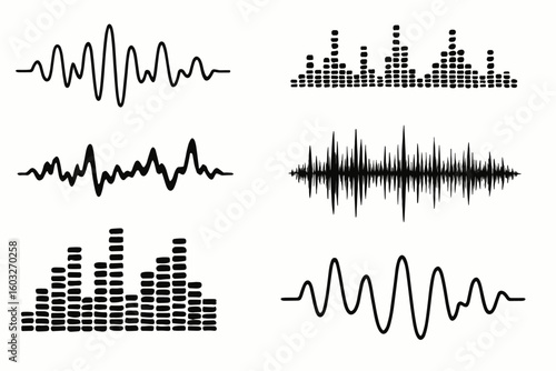 Sound wave vector set. Music waveform, audio equalizer, and frequency graph. Digital soundwave symbol for voice recording, podcast, or radio. Abstract audio signal icon.