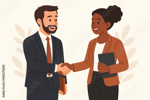 Business people shaking hands. Concept of partnership, agreement, deal. Man and woman at meeting. Diverse team collaboration. Corporate success. Vector cartoon illustration.