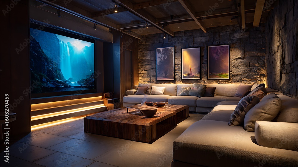 Fototapeta premium A room with an L-shaped sofa, a large screen, and LED ambient lighting