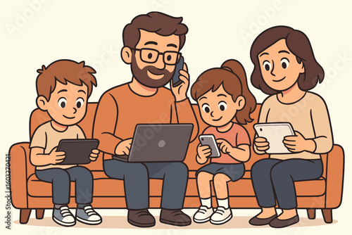 Cartoon family on sofa using gadgets. Parents and children with phones, laptop, tablet. Technology addiction, screen time, social media isolation, phubbing concept.