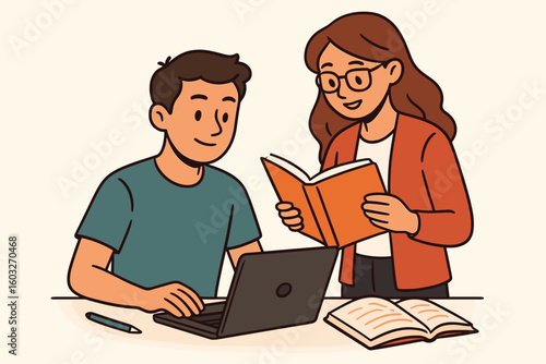 Students Studying Together with Laptop and Books