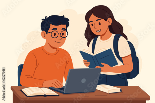 Education concept with students learning together. Boy and girl collaboration on schoolwork with computer and books. Teamwork and knowledge in university. Vector cartoon.