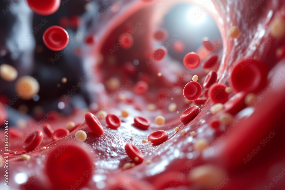 Microscopic view of red blood cells flowing through a blood vessel with a bright light source Microscopic view of red blood cells flowing through a blood vessel with a bright light source