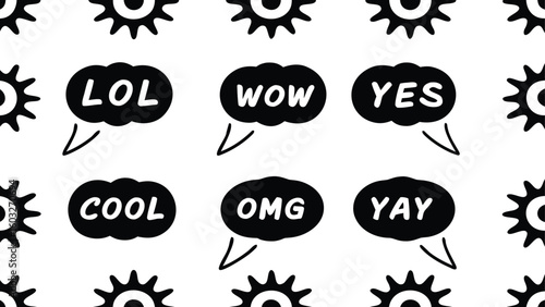 Playful Seamless Pattern of Speech Bubbles with Slang and Graphic Suns Black and White Design for Modern Backgrounds