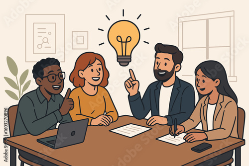 Business team brainstorming a new idea. Creative people in office meeting. Teamwork, collaboration, innovation concept. Diverse group solving problems together. Lightbulb symbol.