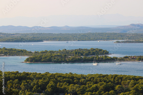 kornati islands skyline in blue ocean, viewpoint veli vrh, Murter, Croatia