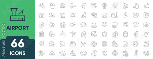 Airport Icon Set. Features linear icons of terminals, airplanes, control towers, boarding, luggage, tickets, and flight routes. Perfect for travel apps, maps, and aviation visuals. Editable stroke.