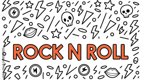 Rock and Roll Music Graphic Design with Lightning Bolts Stars Skulls and Lips in Bold Colors