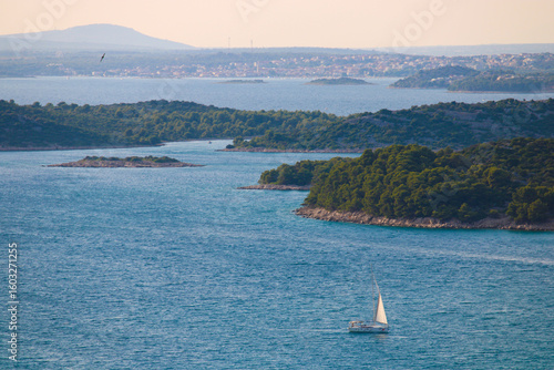 kornati islands skyline in blue ocean, viewpoint veli vrh, Murter, Croatia