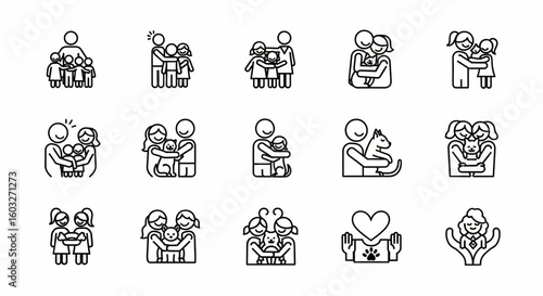Hugs Line Icon Set – Family, Couple Embrace, Pet Affection, Comfort, Support Symbol Vector Illustration

