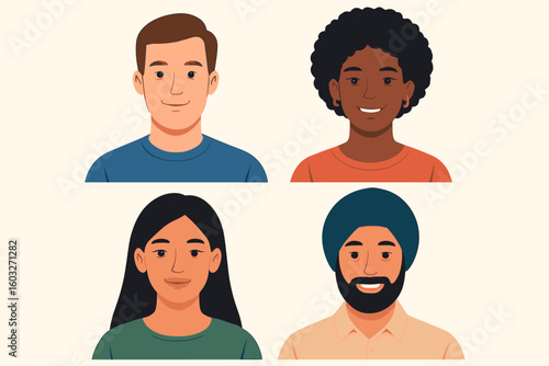 People character portrait collection. Set of diverse multicultural people. Vector avatars of men and women of different ethnicities. Flat design for user profile illustration.