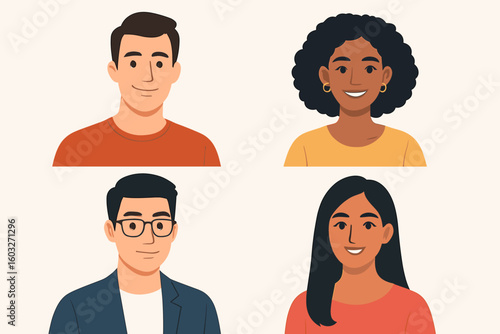 People character portrait collection. Vector illustration of multicultural team faces. Set of diverse men and women avatars for business profile pictures. Front view.