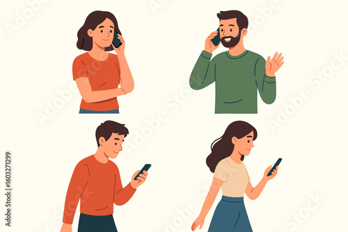 Set of people with smartphones. Man and woman characters talking on the phone, texting, calling, walking. Mobile technology and communication concept. Flat cartoon vector illustration.