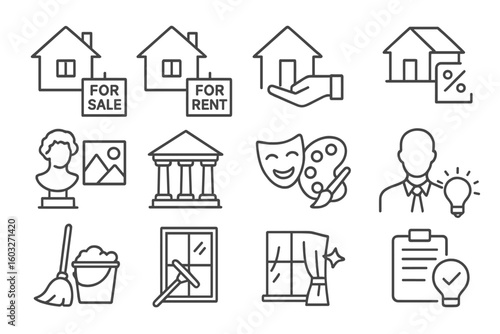 Real estate line icon set. Buying, selling, renting house symbols. Mortgage and housing loan pictograms. Art gallery, museum, theater and cleaning service outline vector icons.