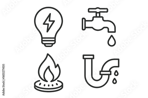 Public utilities icon set. Electricity, water, gas, drainage. Line icons for municipal services. Household power, energy, fuel, resources. Plumbing leak, repair symbol.
