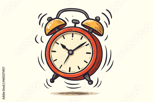 Ringing alarm clock vector illustration. Vintage wake up clock jumping and making loud noise. Cartoon concept of deadline, morning, and time management. Retro style icon.