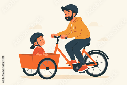 Father and child on a cargo bike. Urban family lifestyle concept. Dad riding bicycle with son in front box. Sustainable transport and active parenting vector illustration.