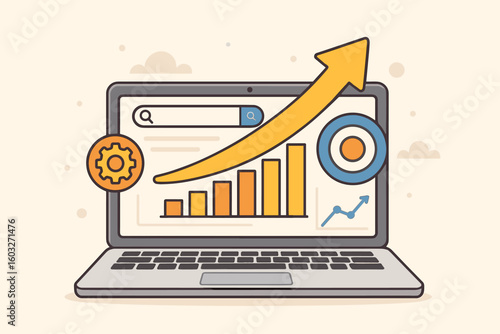 SEO optimization concept. Performance marketing and data analytics. Laptop with rising graph and arrow up. Search engine tools for business growth. Website traffic increase.