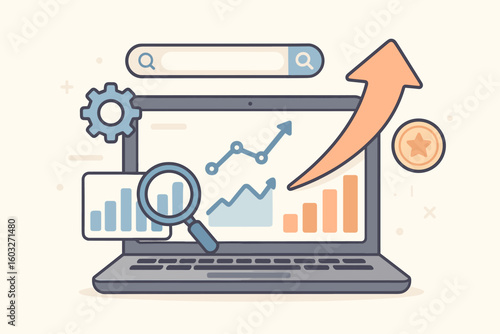 SEO optimisation concept. Laptop with data analytics and search engine performance tools. Rising graph and upward arrow for growth. Performance marketing and business report.
