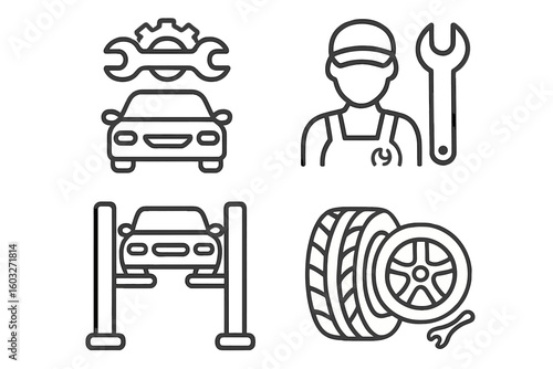 Car service and auto repair line icon set. Vehicle maintenance, garage workshop, and tire fitting outline pictograms. Editable stroke vector for infographics.