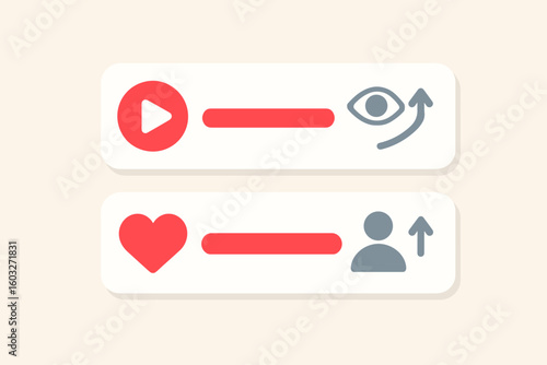 Social media marketing concept with growing views, likes and followers. Viral content progress bar. User engagement analytics icon. Audience reach and popularity increase.