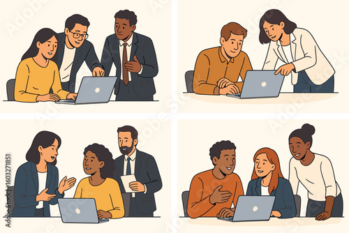 Teamwork people collection. Set of four vector illustrations with diverse businesspeople working in office. Colleagues collaborating, talking and using computers together.
