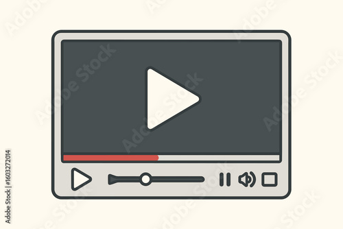Video media player interface vector illustration. Digital movie or film window with play button and progress bar. Retro flat UI design for web streaming and multimedia.