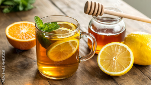 Refreshing honey lemon tea with fresh citrus and mint