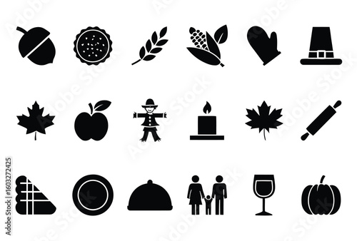 Thanksgiving icons acorn pie wheat corn glove pilgrim hat maple leaf apple scarecrow candle