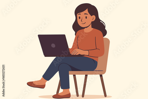 Young woman working on laptop computer. Freelancer or student sitting in chair. Remote work, home office, online education concept. Modern flat cartoon vector illustration.