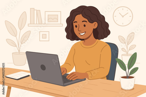 Happy woman working on laptop in home office. Young female freelancer or student studying at her desk. Remote work, online education, and freelance lifestyle concept vector.