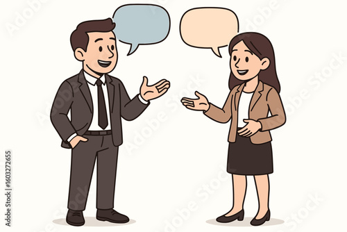 Work conversation concept. Two business people, man and woman colleagues, standing and talking. Professional discussion with speech bubbles for dialogue. Teamwork communication.