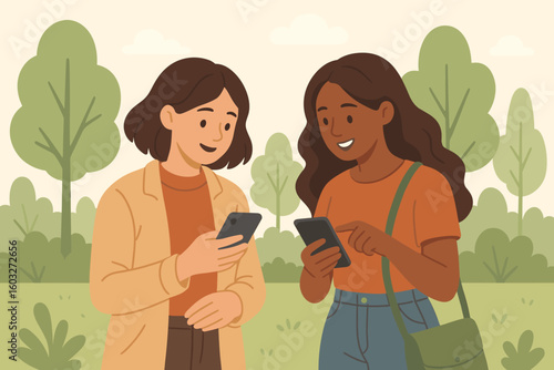 Two diverse women friends using mobile phones in the park. Young people communicating online, sharing content on social media. Modern lifestyle technology concept. Vector.