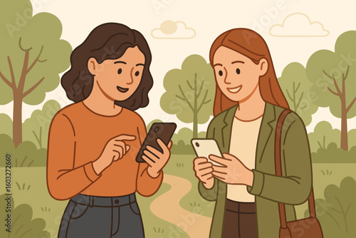 Two women using mobile phones online outdoors. Friends standing in park looking at device screen, surfing internet and communicating. Modern lifestyle concept. Vector cartoon.