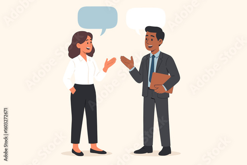 Work conversation with two people. Business man and woman colleagues talking. Dialogue with speech bubbles. Office communication and teamwork concept. Vector cartoon illustration.