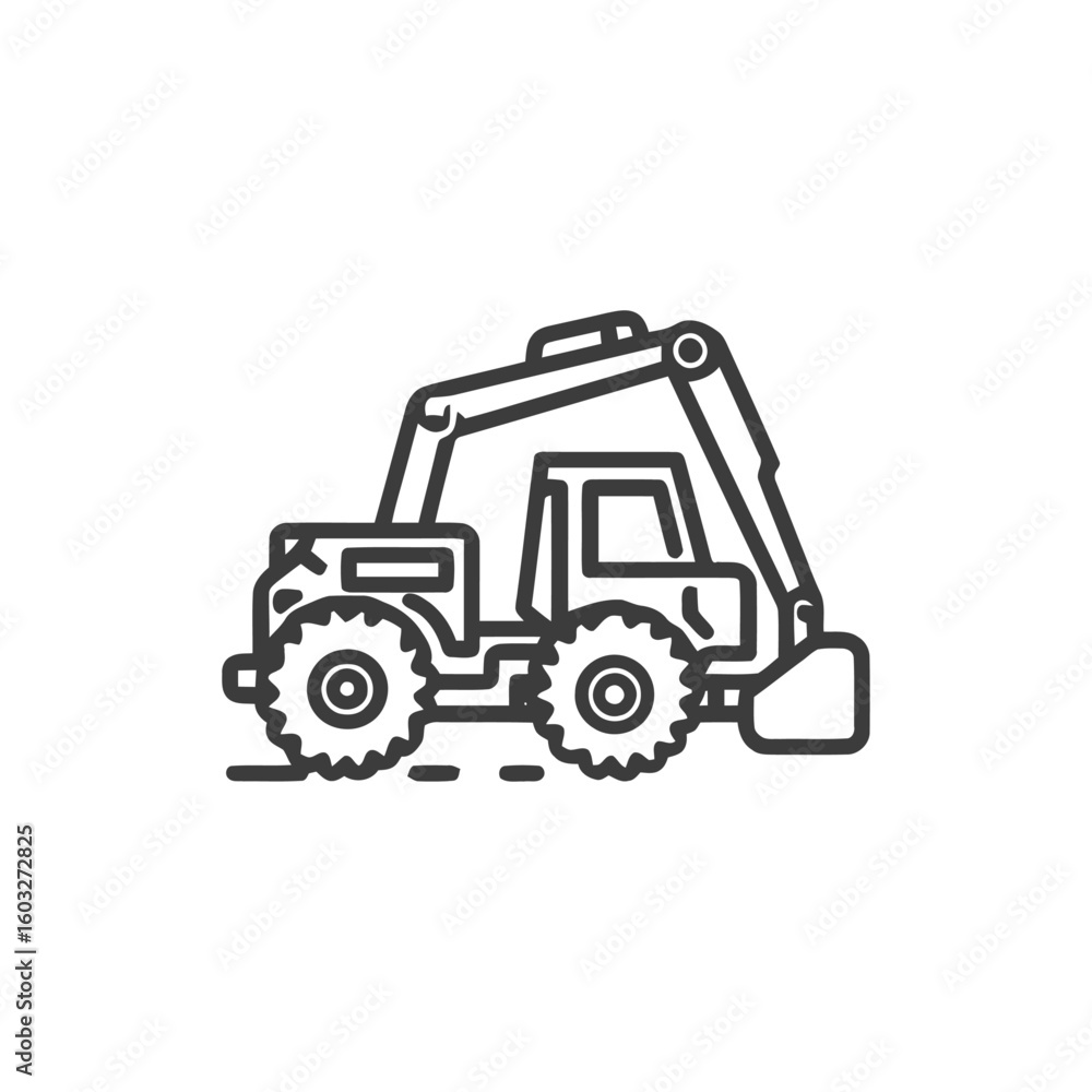 Naklejka premium Sleek Backhoe Loader Line Art Icon, Heavy Construction Machinery