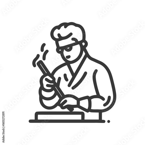 Concentrated Welder with Goggles and Hot Tool, Minimalist Line Art Icon.