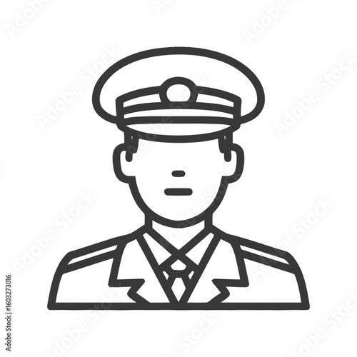 Minimalist Line Art Icon of Uniformed Officer with Peaked Cap, Professional Avatar Outline