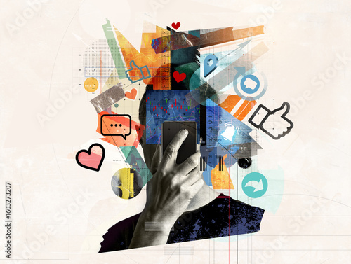 Social media addiction and digital overload, dopamine loop. Art collage of smartphone, icons, UI design elements. Mental health, stress, online identity, influence, blogging, communication, technology