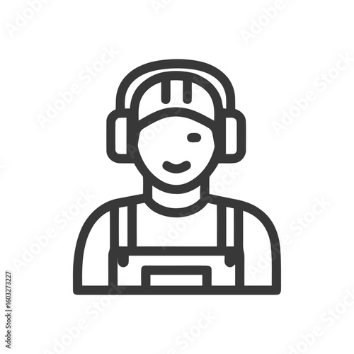 Friendly Industrial Worker with Hard Hat and Earmuffs Line Art Icon
